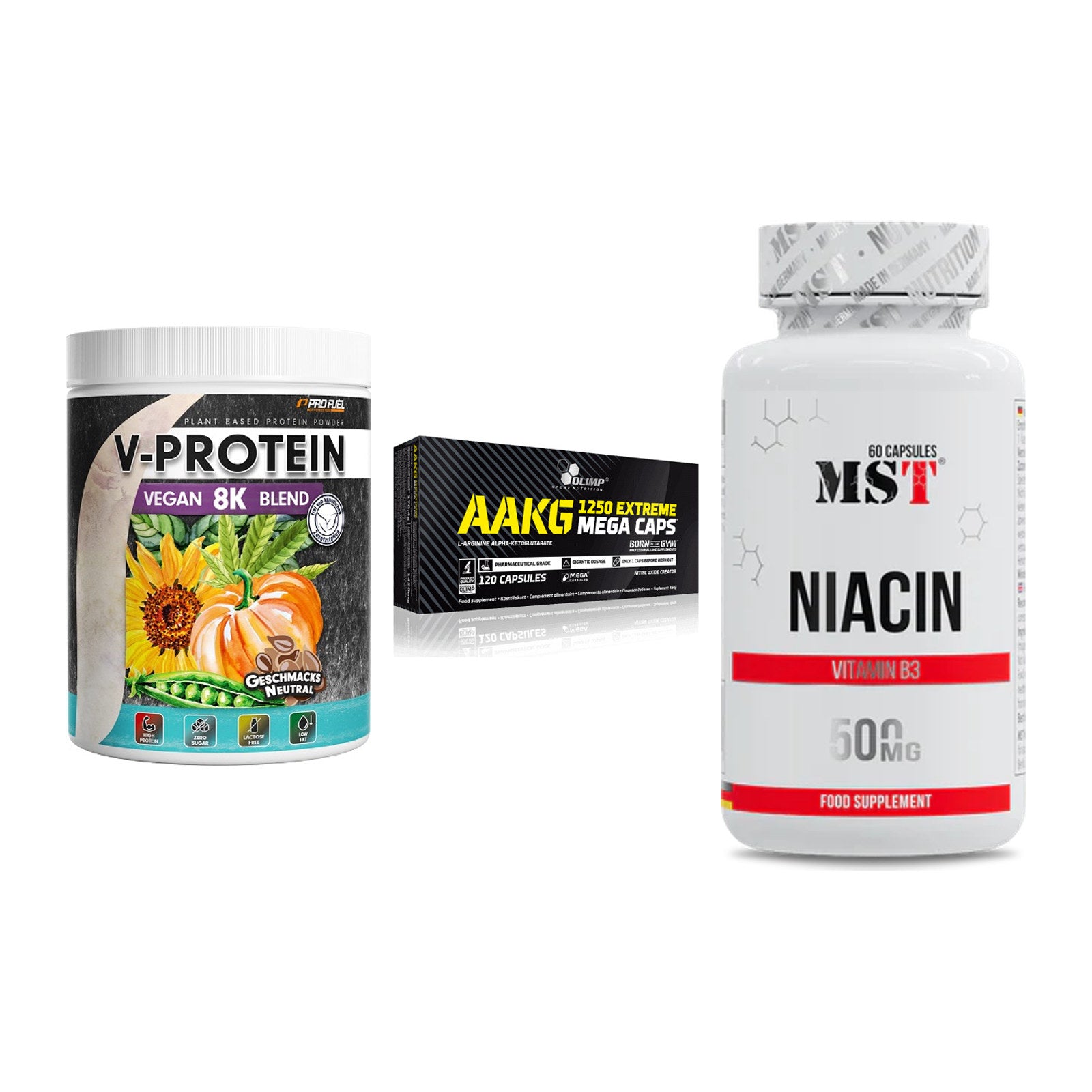 Pflanzliches Set: ProFuel V-Prote + Olimp AAKG + MST Niacin – alle enthaltenen Artikel