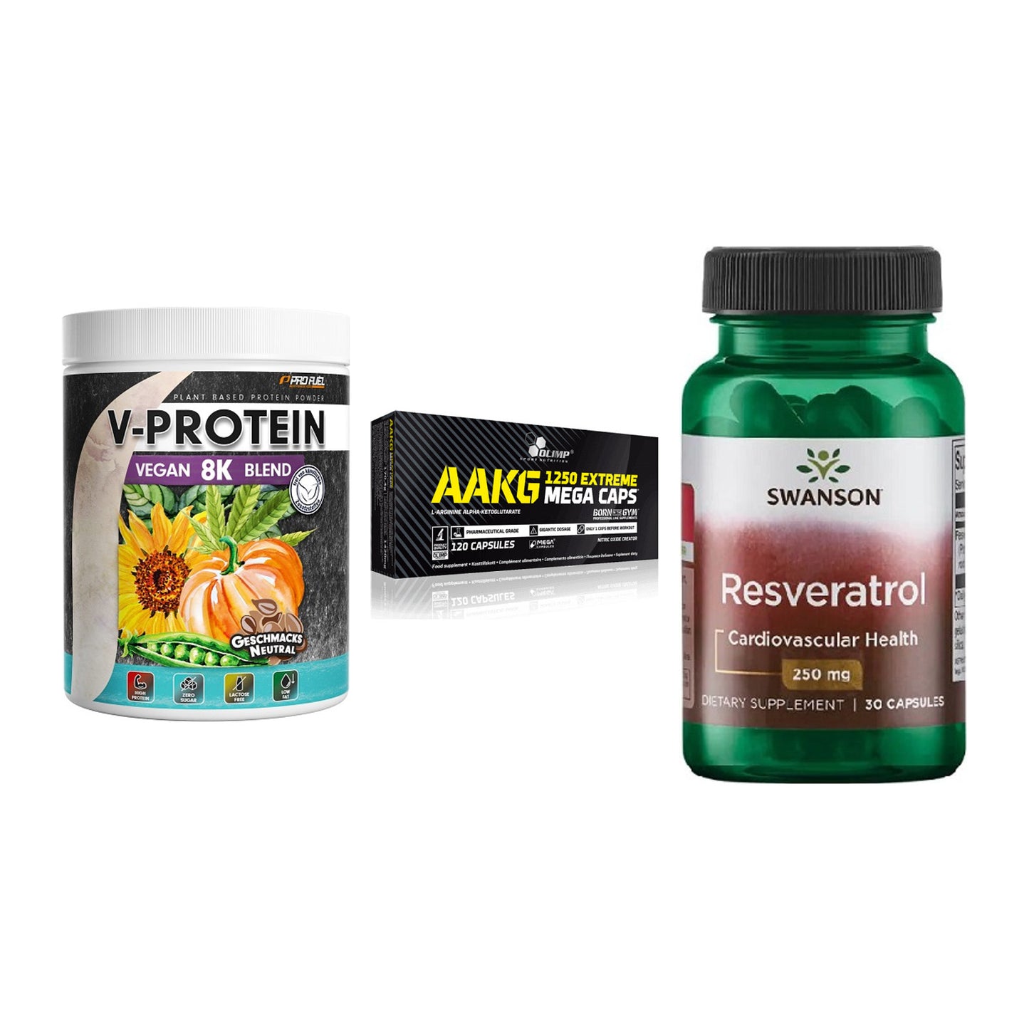 Pflanzliches Set: ProFuel V-Prote + Olimp AAKG + Swanson Resvera – alle enthaltenen Artikel