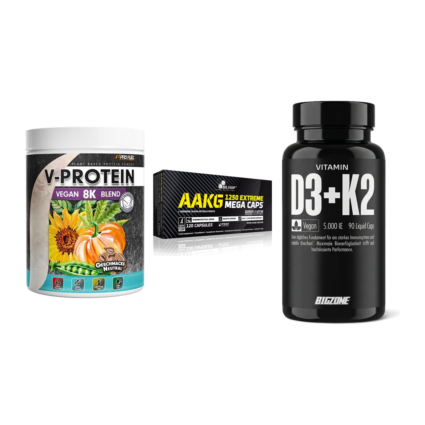 Pflanzliches Set: ProFuel V-Prote + Olimp AAKG + Big Zone – alle enthaltenen Artikel