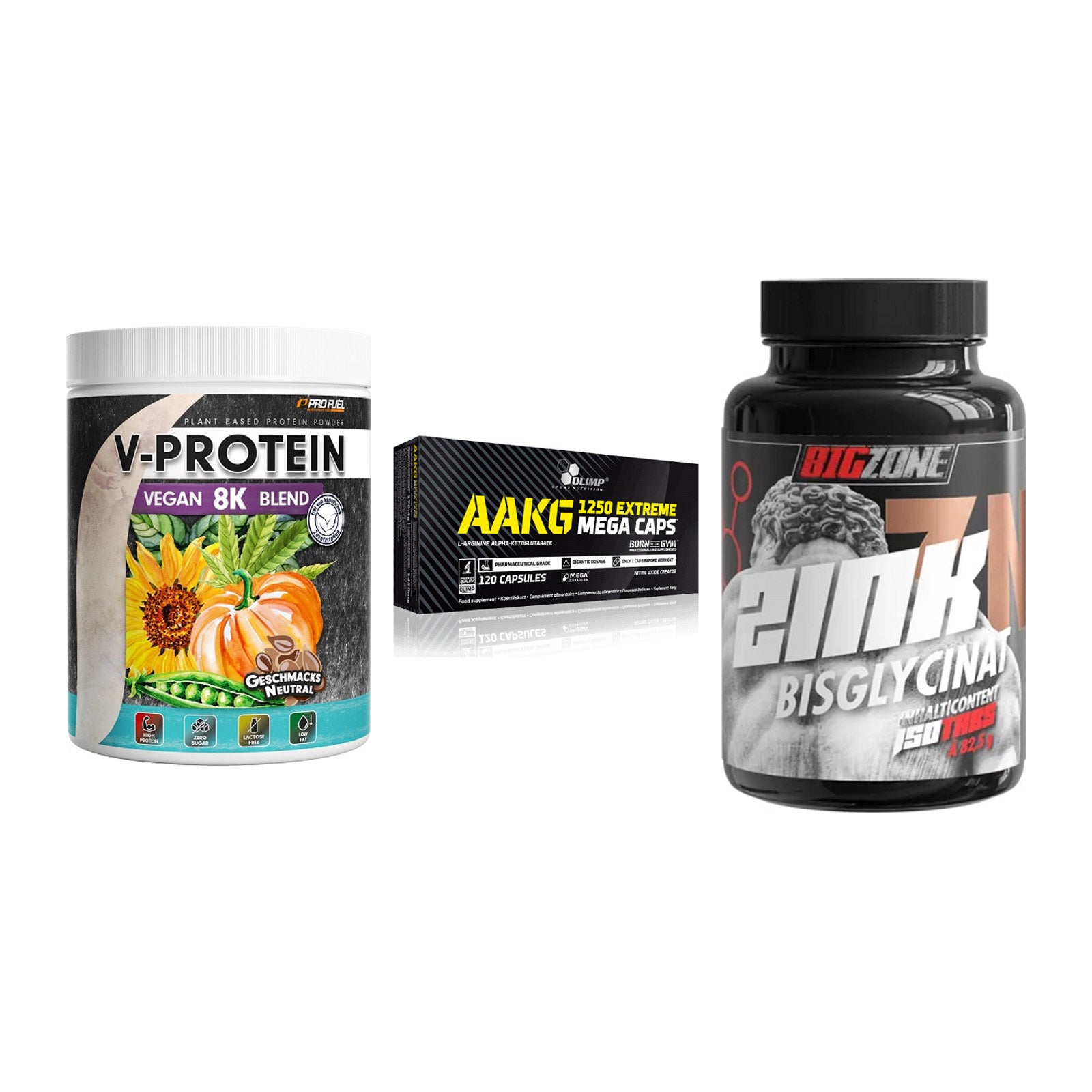 Pflanzliches Set: ProFuel V-Prote + Olimp AAKG + Big Zone Zink – alle enthaltenen Artikel