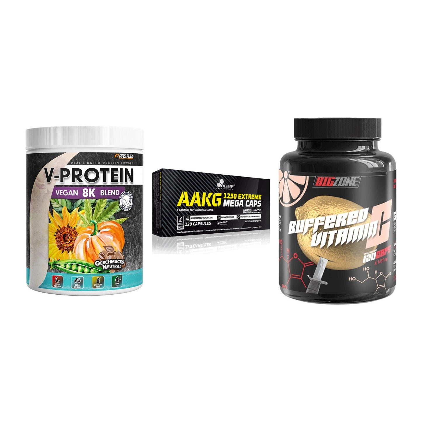 Pflanzliches Set: ProFuel V-Prote + Olimp AAKG + Big Zone – alle enthaltenen Artikel
