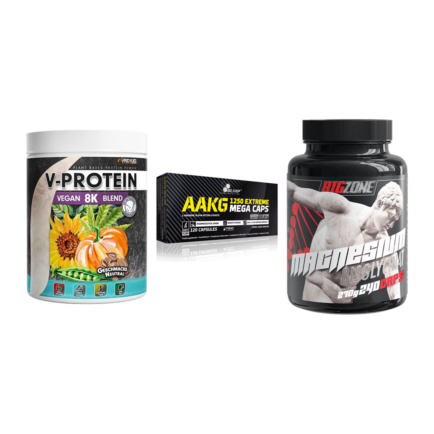 Pflanzliches Set: ProFuel V-Prote + Olimp AAKG + Big Zone – alle enthaltenen Artikel