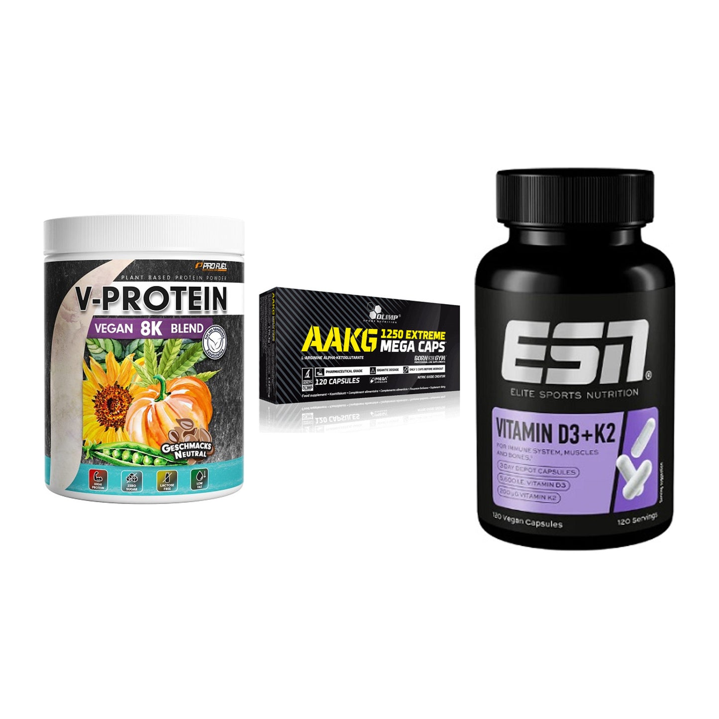 Pflanzliches Set: ProFuel V-Prote + Olimp AAKG + ESN Vitamin D3 – alle enthaltenen Artikel