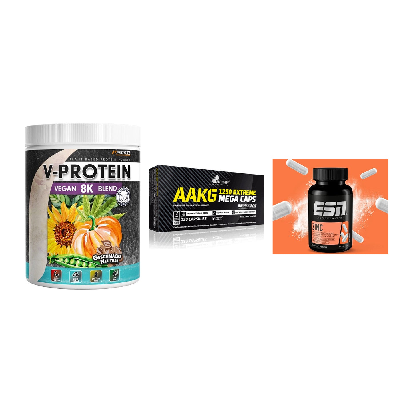 Pflanzliches Set: ProFuel V-Prote + Olimp AAKG + ESN Zinc – alle enthaltenen Artikel