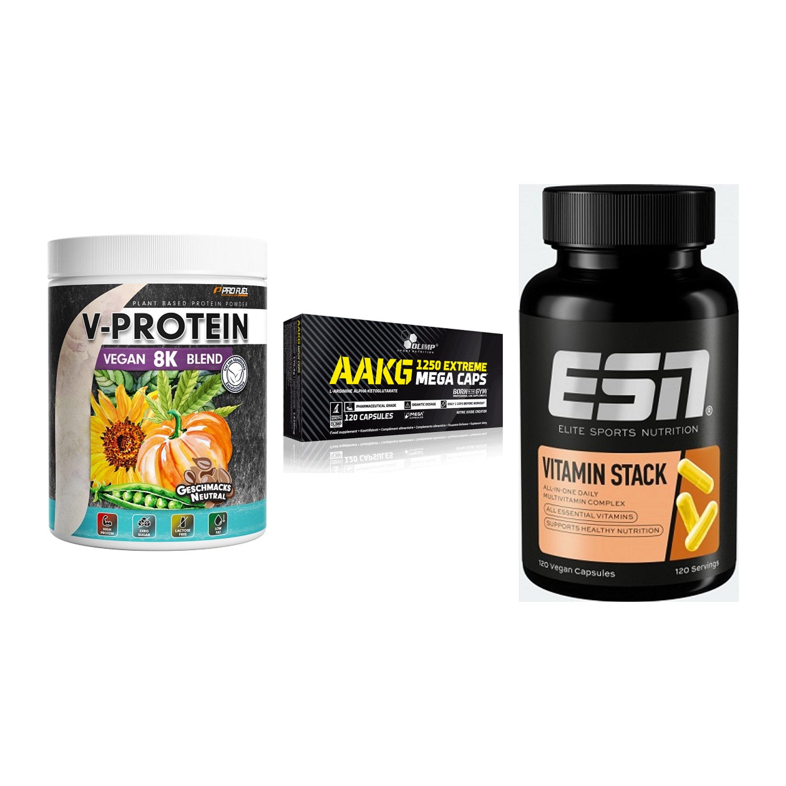 Pflanzliches Set: ProFuel V-Prote + Olimp AAKG + ESN Vitamin – alle enthaltenen Artikel