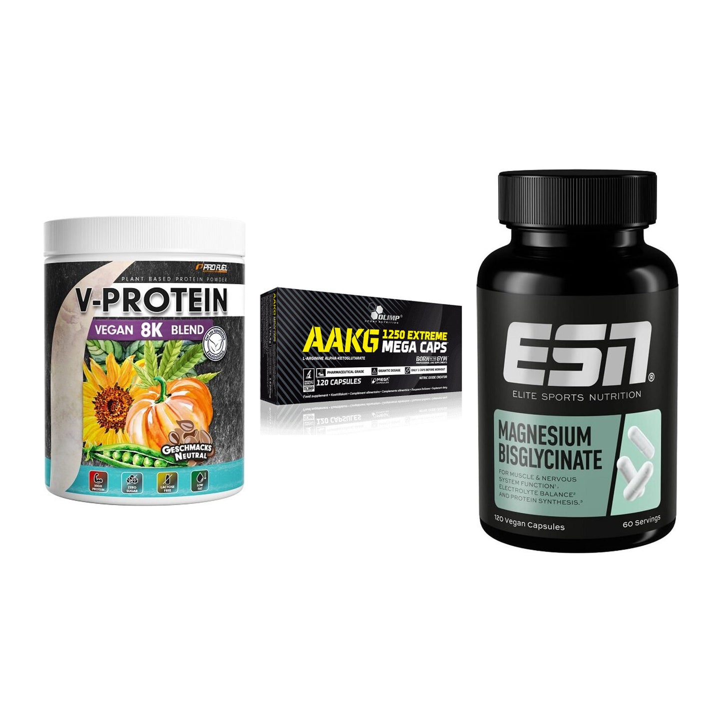 Pflanzliches Set: ProFuel V-Prote + Olimp AAKG + ESN Magnesium – alle enthaltenen Artikel