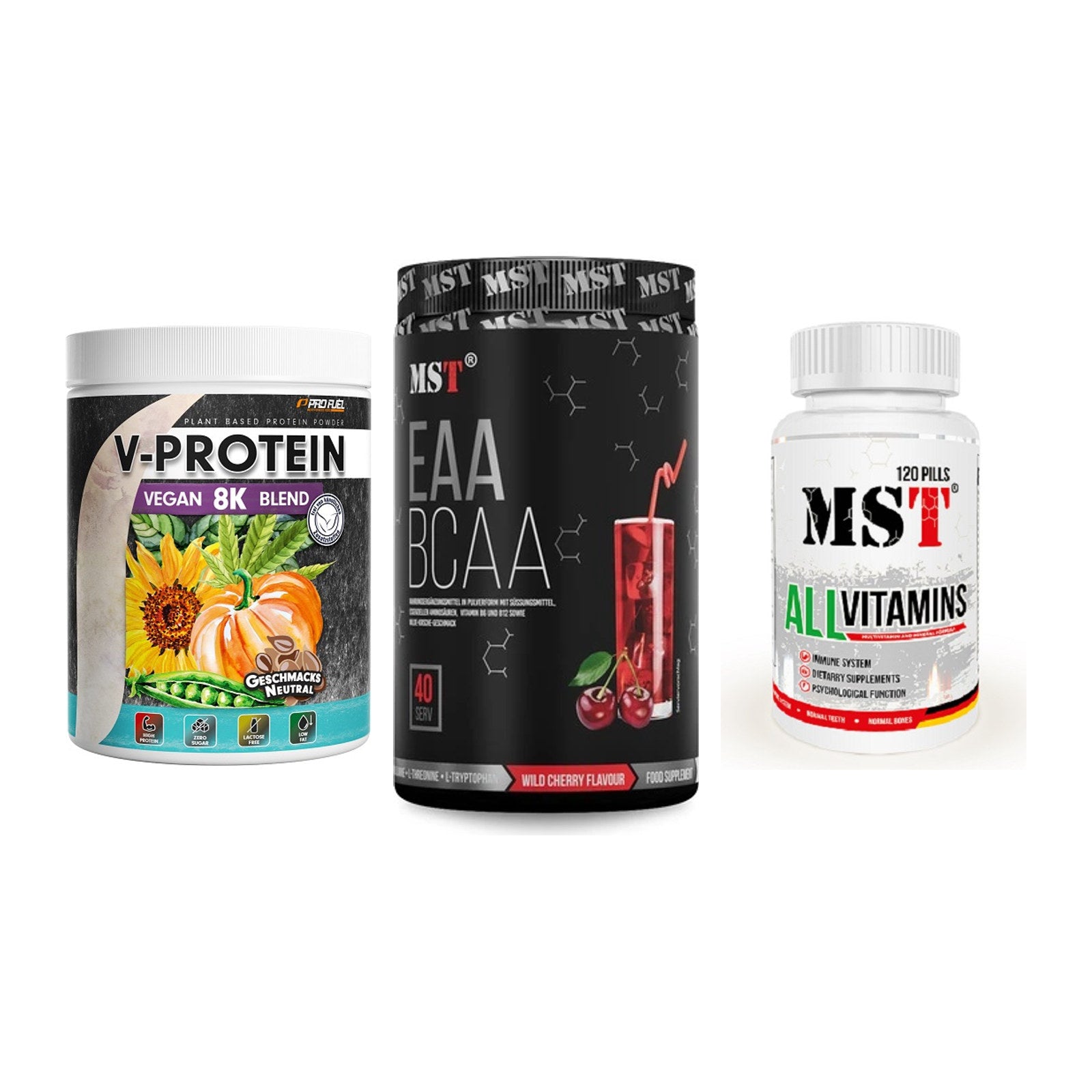 Pflanzliches Set: ProFuel V-Prote + MST EAA & BCAA + MST All Vitamin – alle enthaltenen Artikel