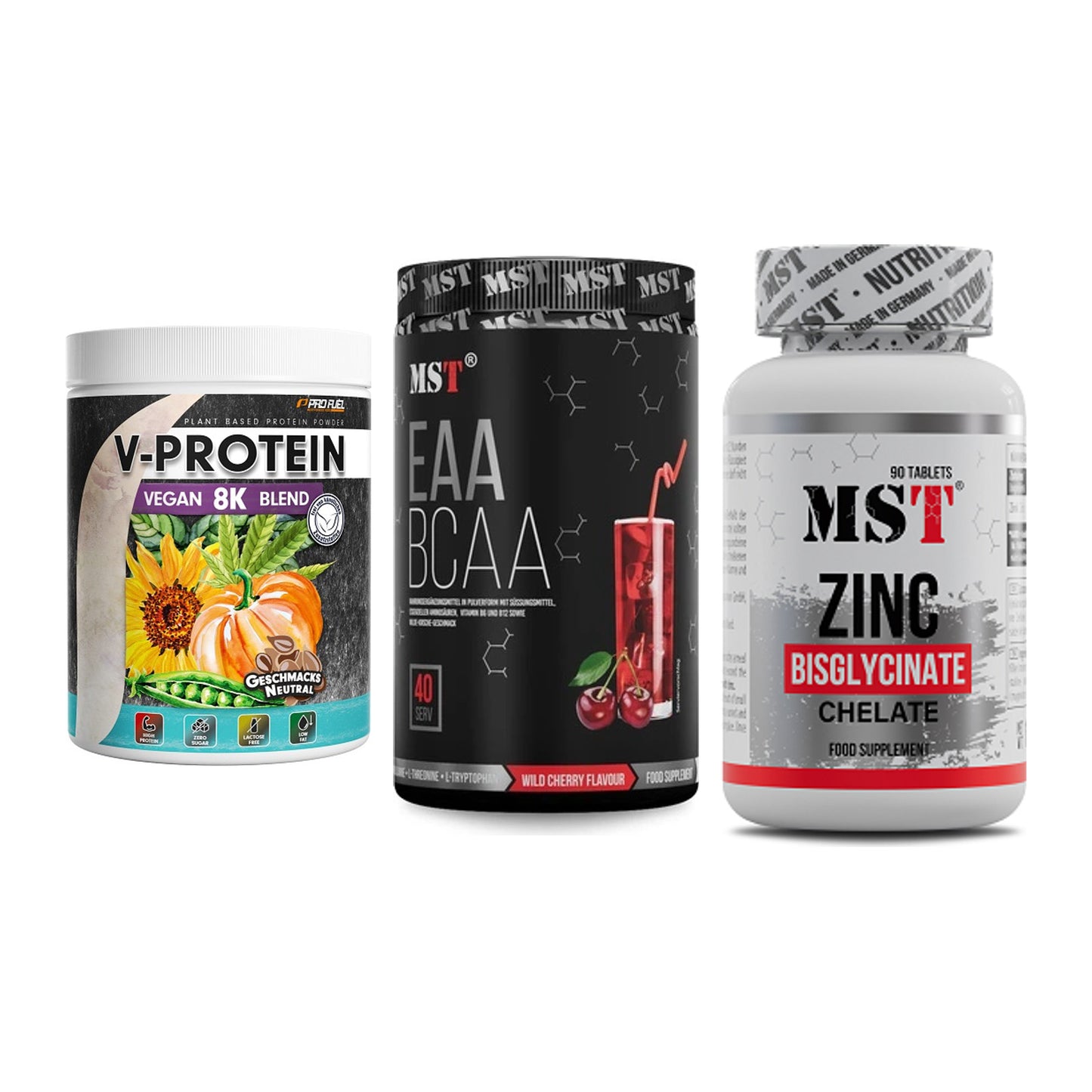Pflanzliches Set: ProFuel V-Prote + MST EAA & BCAA + MST Zinc – alle enthaltenen Artikel
