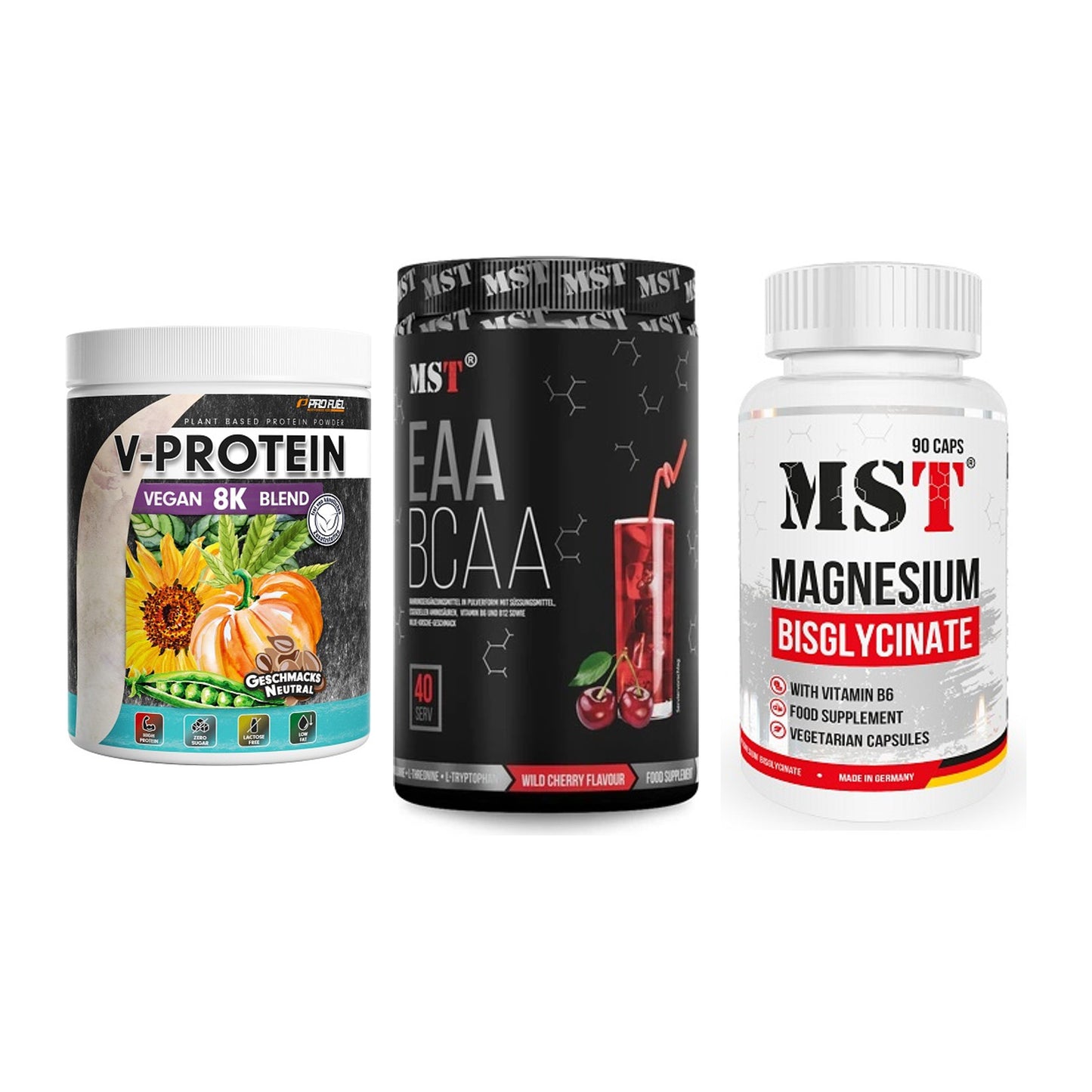 Pflanzliches Set: ProFuel V-Prote + MST EAA & BCAA + MST Magnesium – alle enthaltenen Artikel