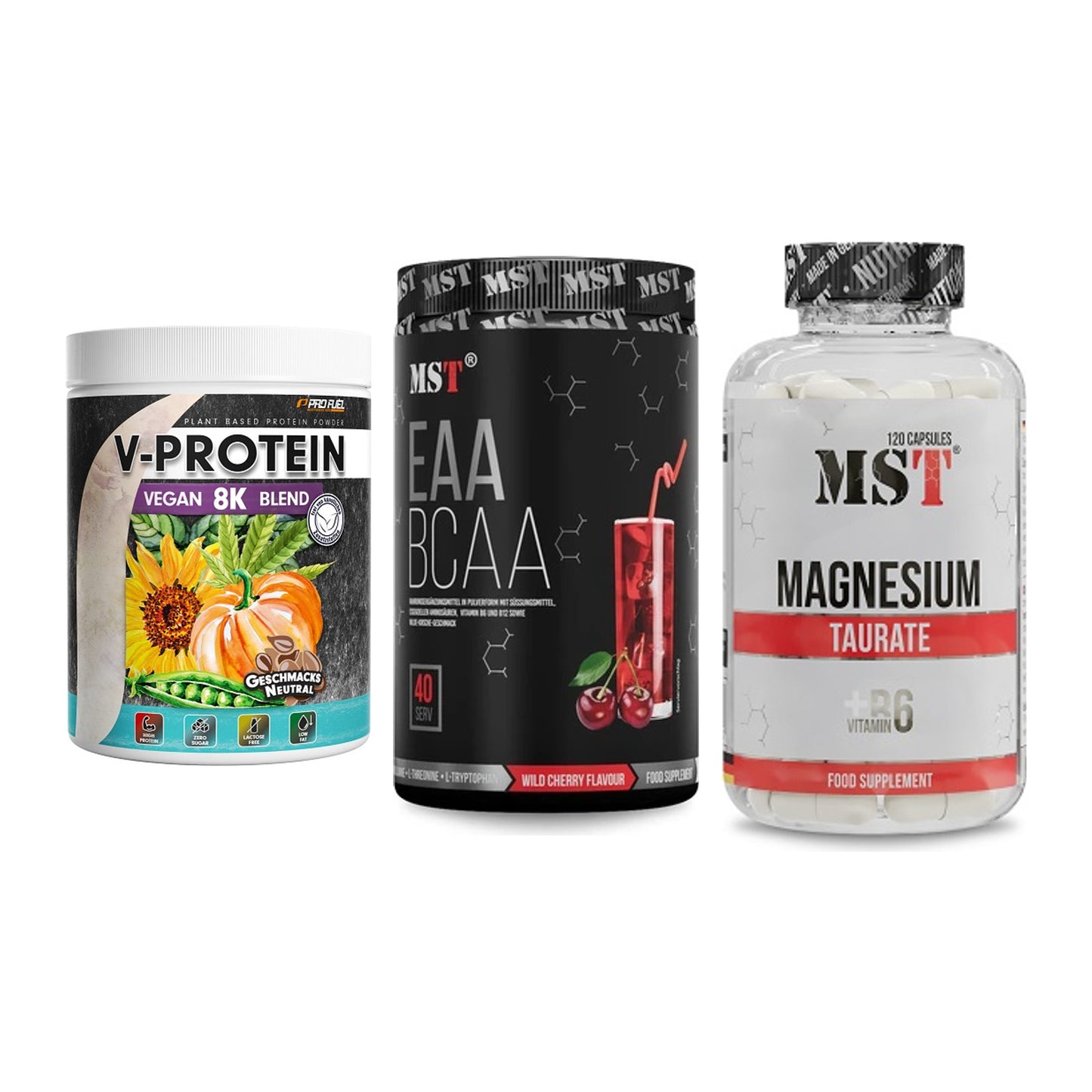 Pflanzliches Set: ProFuel V-Prote + MST EAA & BCAA + MST Magnesium – alle enthaltenen Artikel