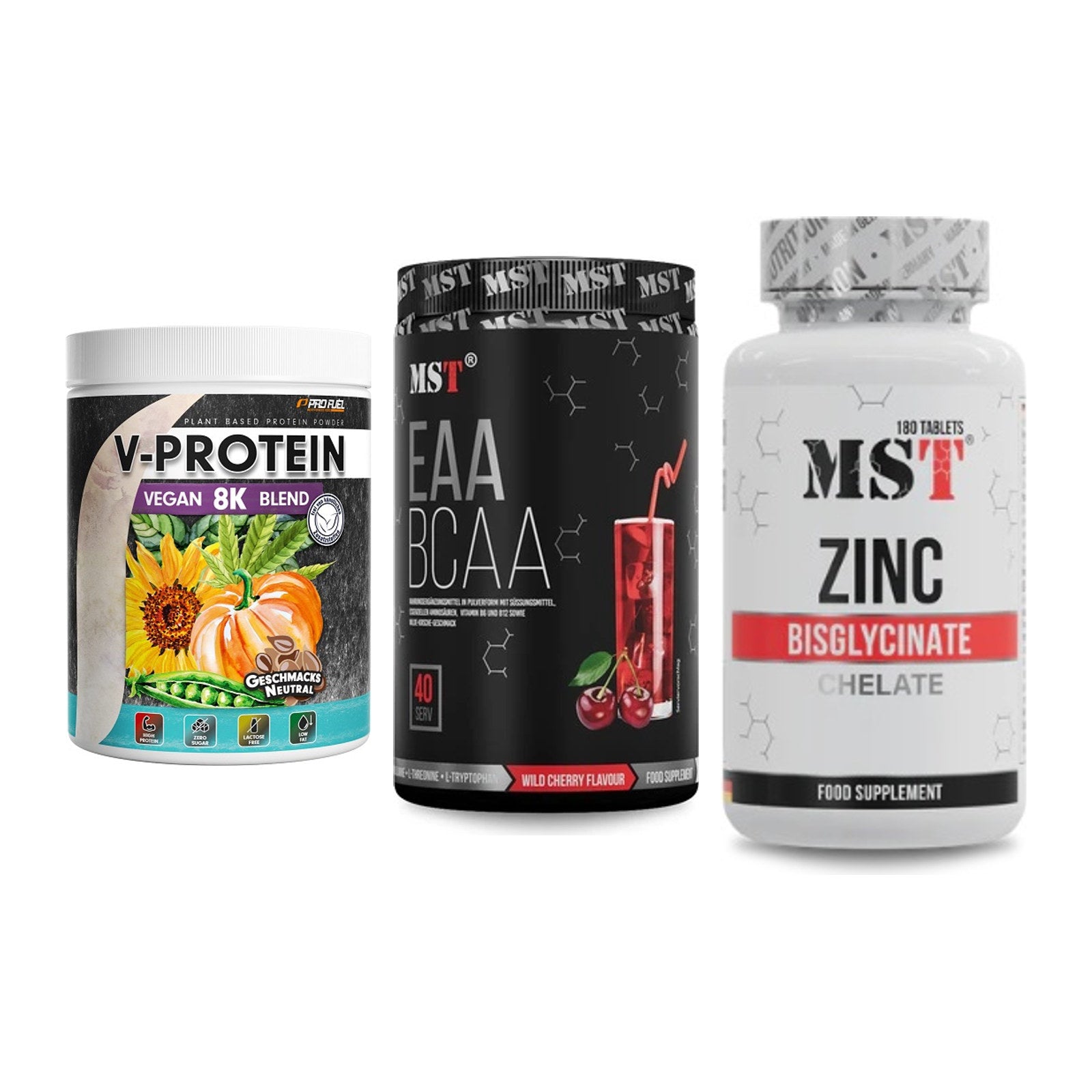 Pflanzliches Set: ProFuel V-Prote + MST EAA & BCAA + MST Zinc – alle enthaltenen Artikel