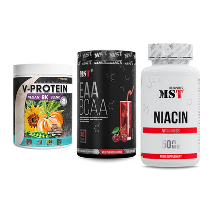 Pflanzliches Set: ProFuel V-Prote + MST EAA & BCAA + MST Niacin – alle enthaltenen Artikel