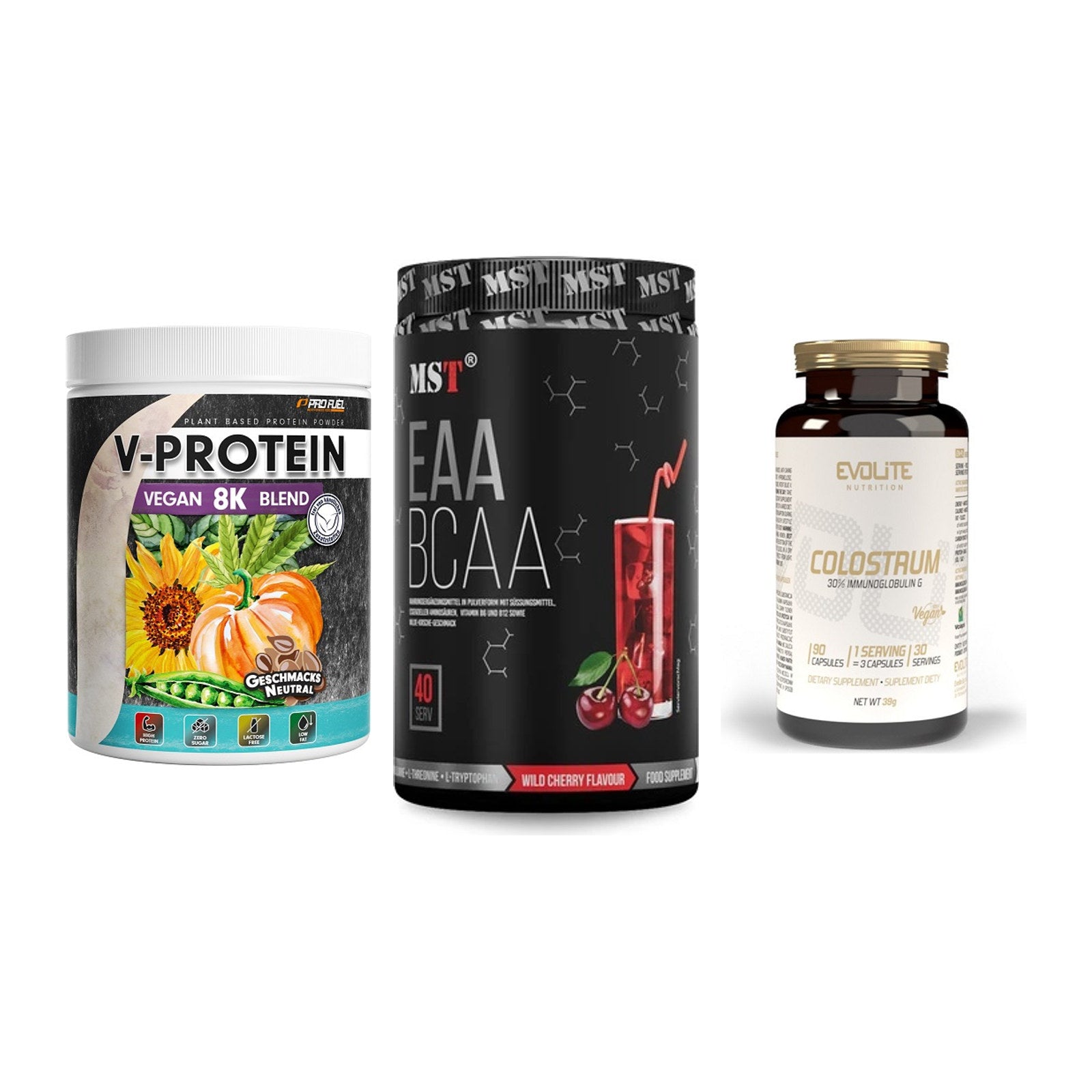 Pflanzliches Set: ProFuel V-Prote + MST EAA & BCAA + Evolite Nutriti – alle enthaltenen Artikel