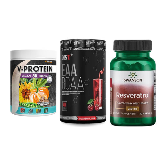 Pflanzliches Set: ProFuel V-Prote + MST EAA & BCAA + Swanson Resvera – alle enthaltenen Artikel