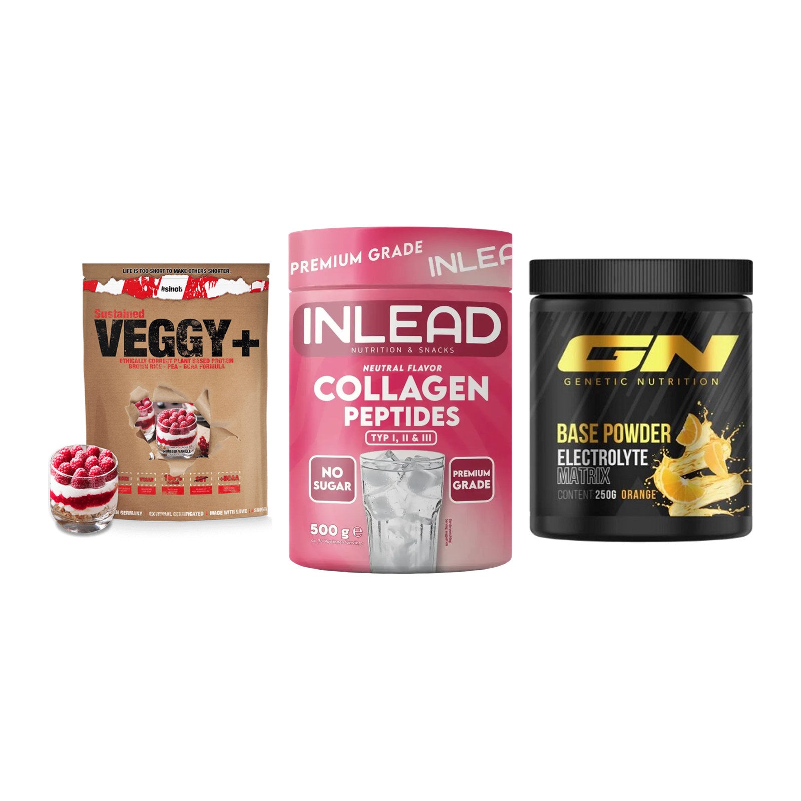Pflanzliches Set: Sinob VEGGY + INLEAD Collagen + GN Base Powder – alle enthaltenen Artikel