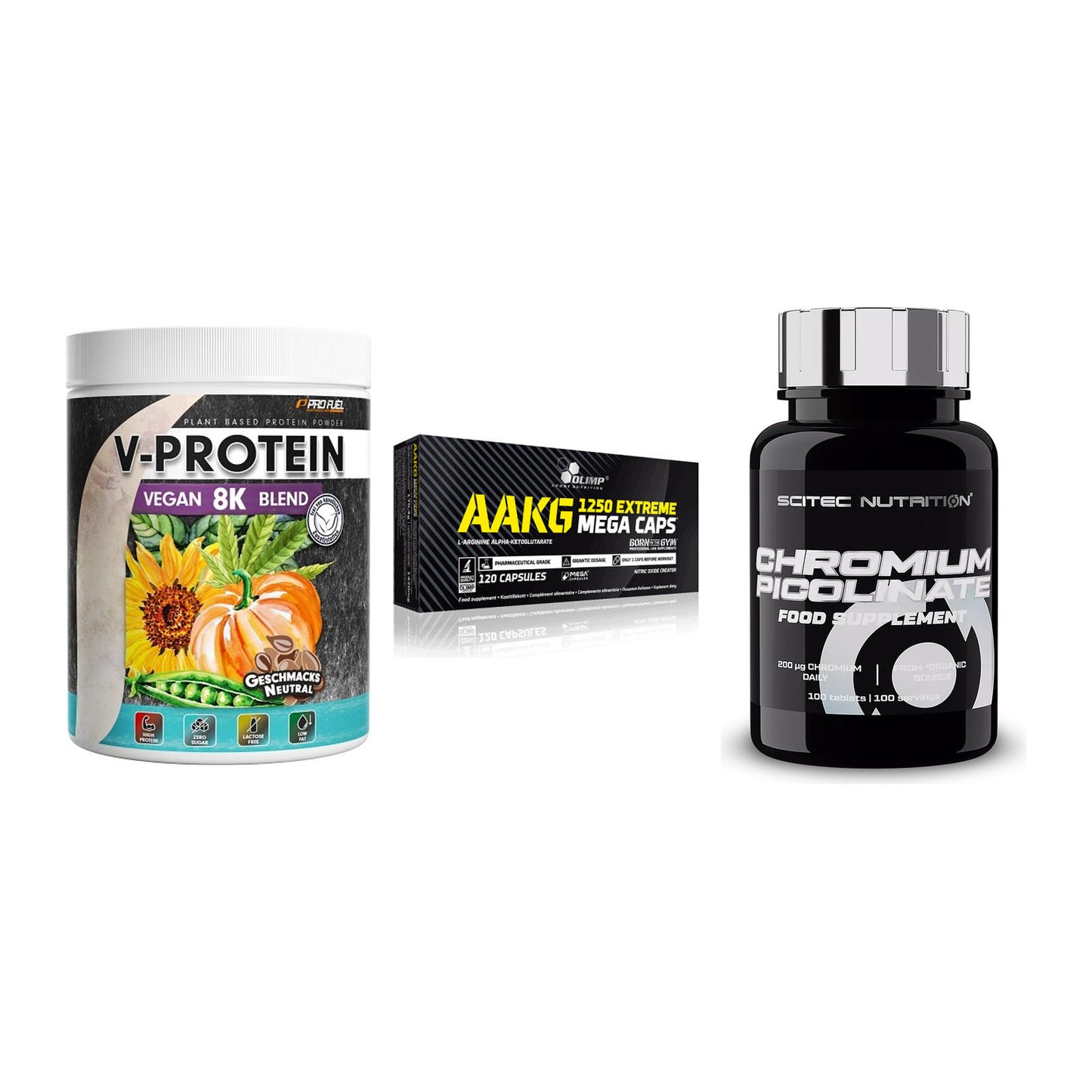 Pflanzliches Set: ProFuel V-Prote + Olimp AAKG + Scitec Chromium – alle enthaltenen Artikel