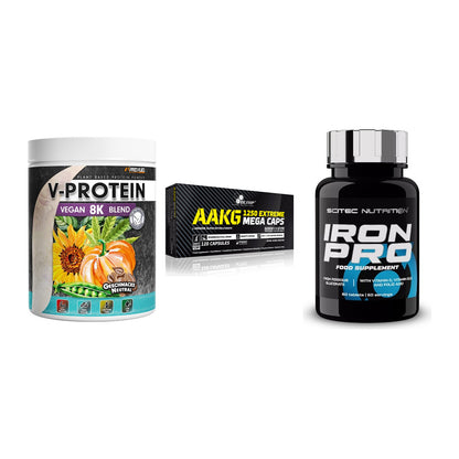 Pflanzliches Set: ProFuel V-Prote + Olimp AAKG + Scitec Iron Pro – alle enthaltenen Artikel