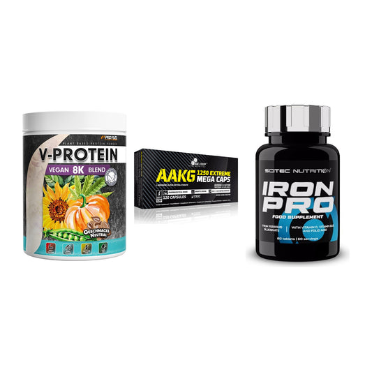 Pflanzliches Set: ProFuel V-Prote + Olimp AAKG + Scitec Iron Pro – alle enthaltenen Artikel