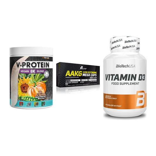Pflanzliches Set: ProFuel V-Prote + Olimp AAKG + BioTech Vitamin – alle enthaltenen Artikel