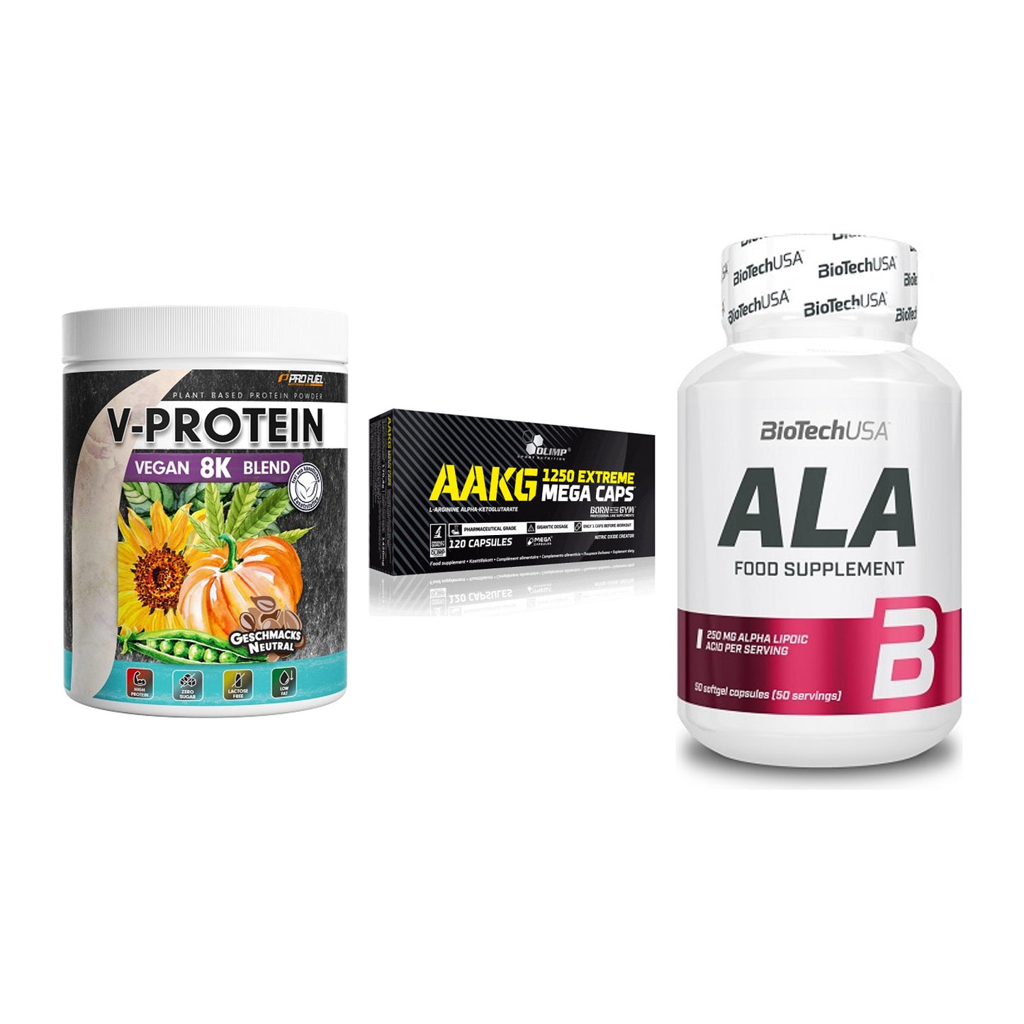 Pflanzliches Set: ProFuel V-Prote + Olimp AAKG + BioTech ALA – alle enthaltenen Artikel