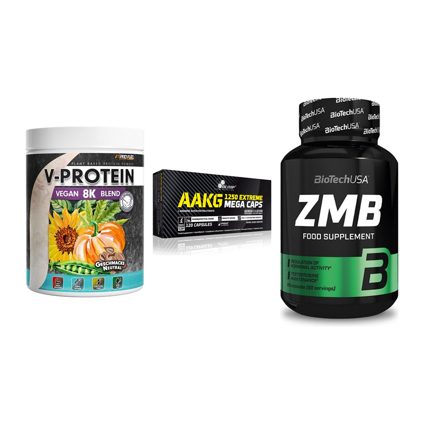 Pflanzliches Set: ProFuel V-Prote + Olimp AAKG + BioTech ZMB – alle enthaltenen Artikel