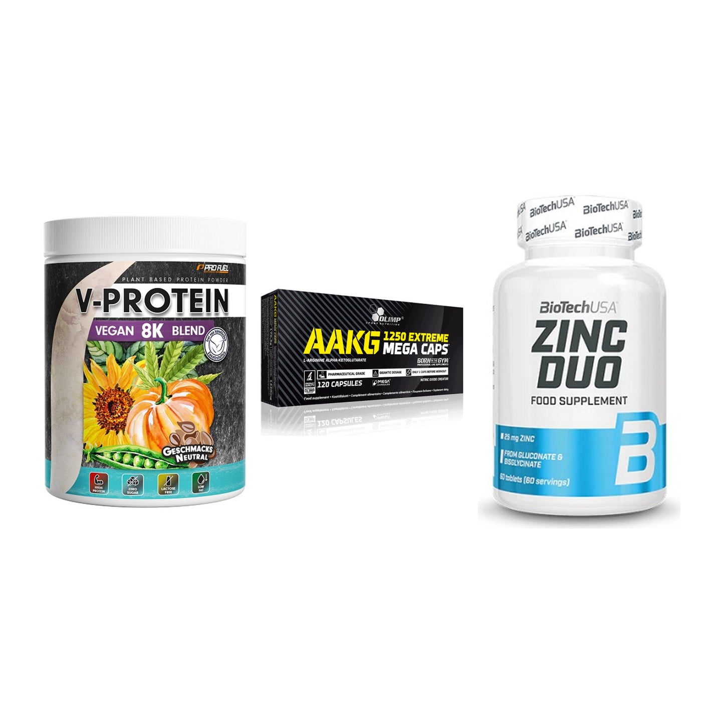 Pflanzliches Set: ProFuel V-Prote + Olimp AAKG + BioTech Zinc – alle enthaltenen Artikel