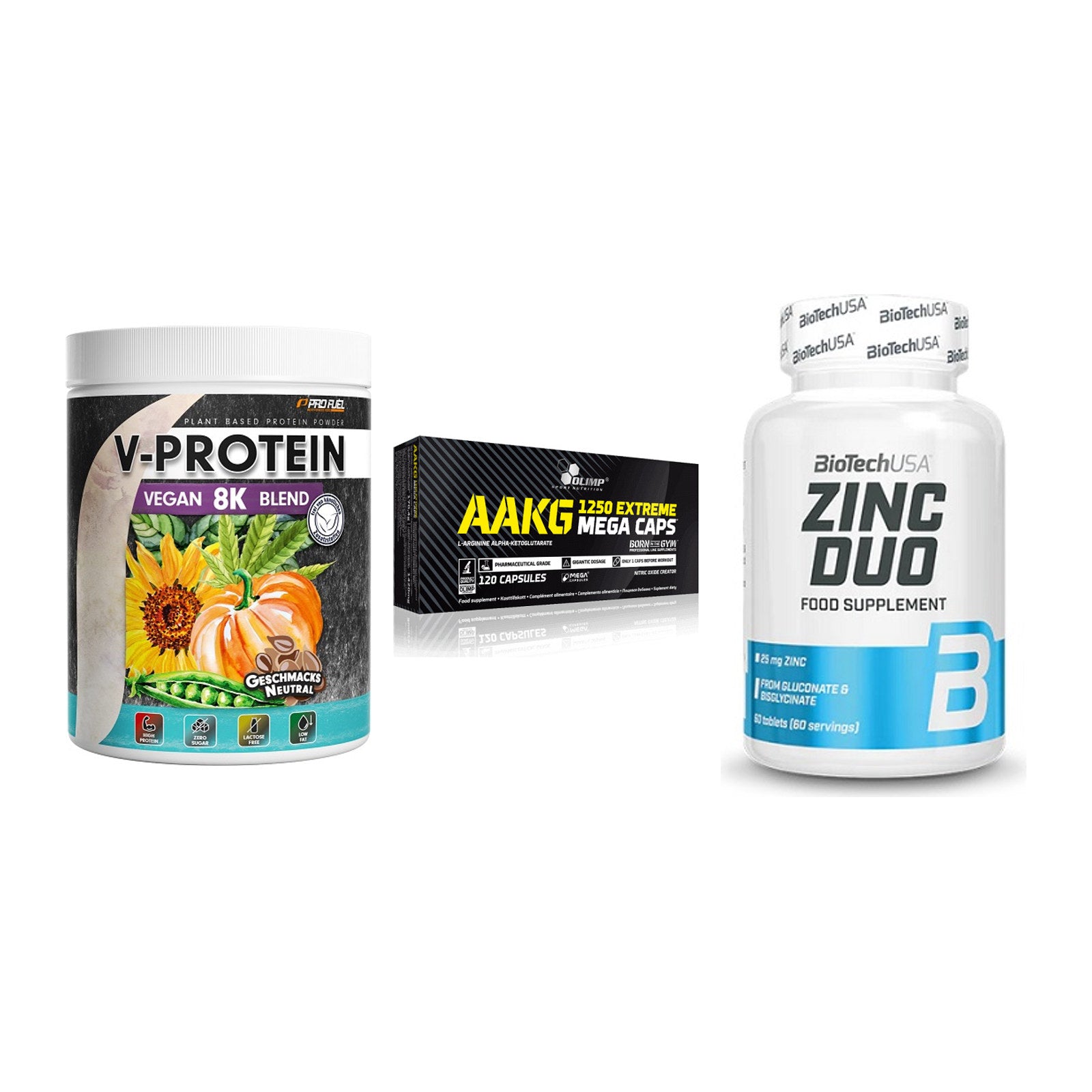 Pflanzliches Set: ProFuel V-Prote + Olimp AAKG + BioTech Zinc – alle enthaltenen Artikel