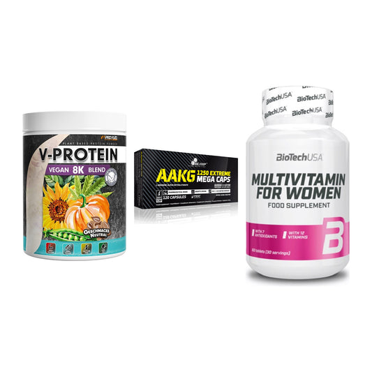 Pflanzliches Set: ProFuel V-Prote + Olimp AAKG + BioTech Multivi – alle enthaltenen Artikel