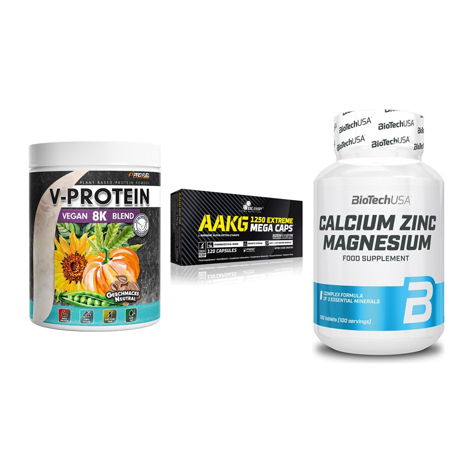 Pflanzliches Set: ProFuel V-Prote + Olimp AAKG + BioTech Calcium – alle enthaltenen Artikel