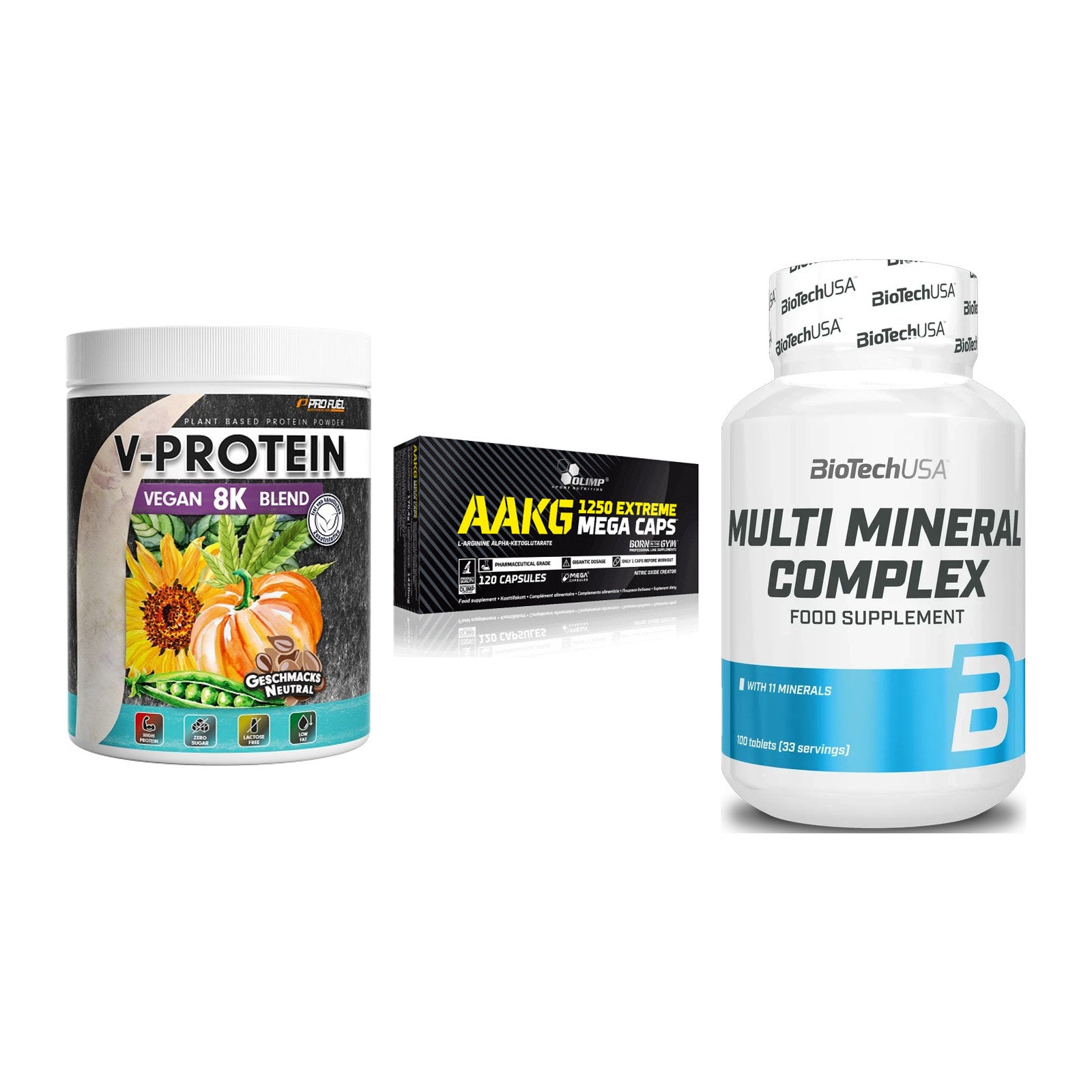 Pflanzliches Set: ProFuel V-Prote + Olimp AAKG + BioTech Multi – alle enthaltenen Artikel