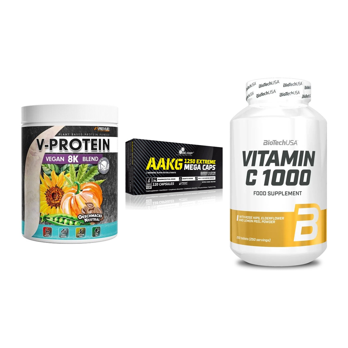 Pflanzliches Set: ProFuel V-Prote + Olimp AAKG + BioTech Vitamin – alle enthaltenen Artikel
