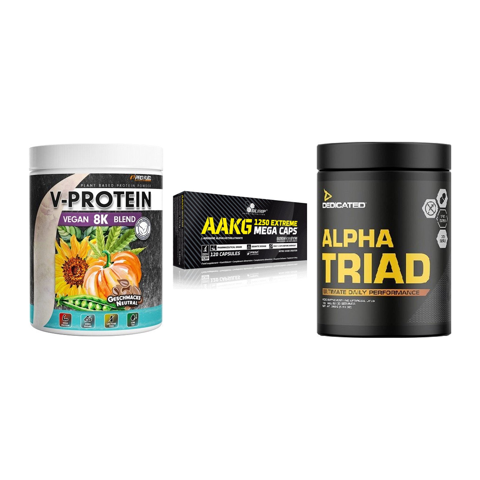 Pflanzliches Set: ProFuel V-Prote + Olimp AAKG + Dedicated Alpha – alle enthaltenen Artikel