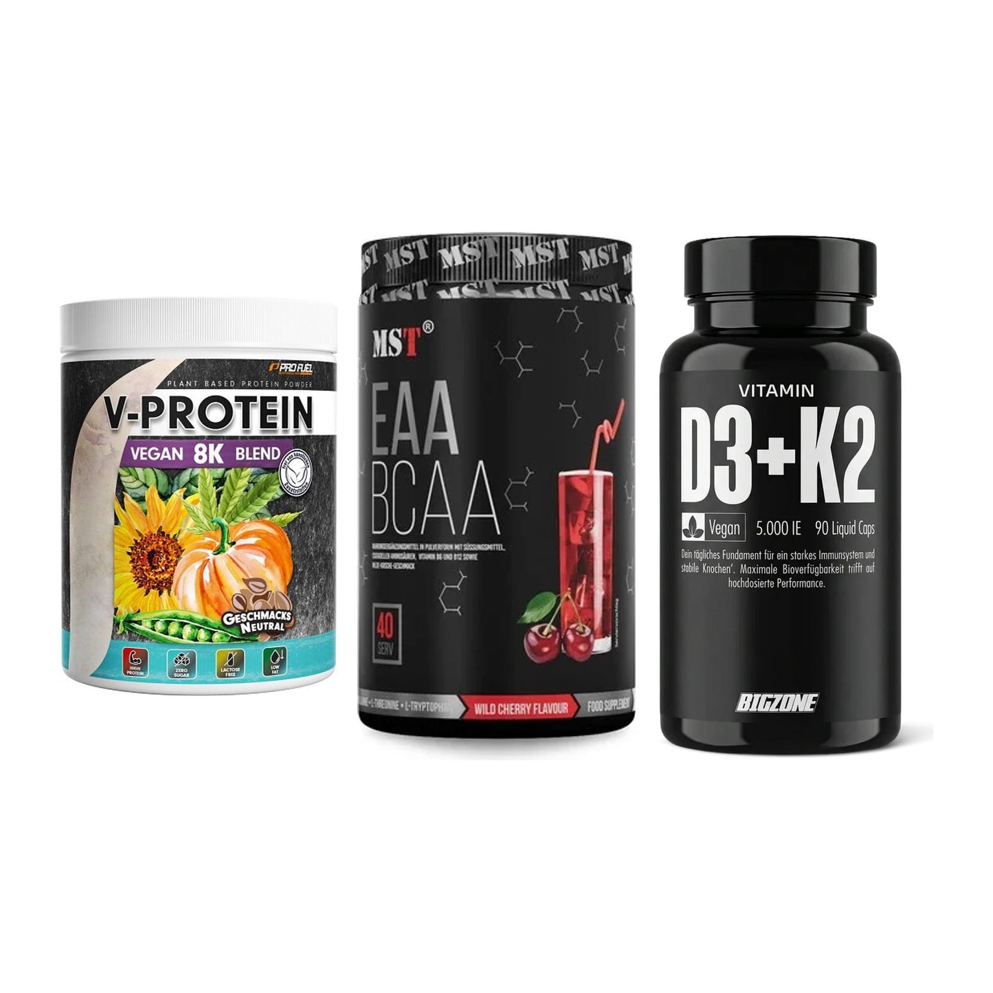 Pflanzliches Set: ProFuel V-Prote + MST EAA & BCAA + Big Zone – alle enthaltenen Artikel