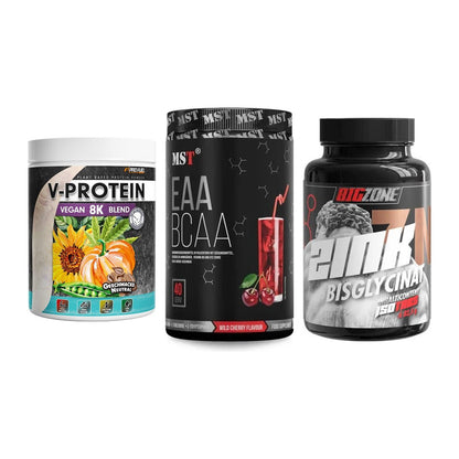 Pflanzliches Set: ProFuel V-Prote + MST EAA & BCAA + Big Zone Zink – alle enthaltenen Artikel