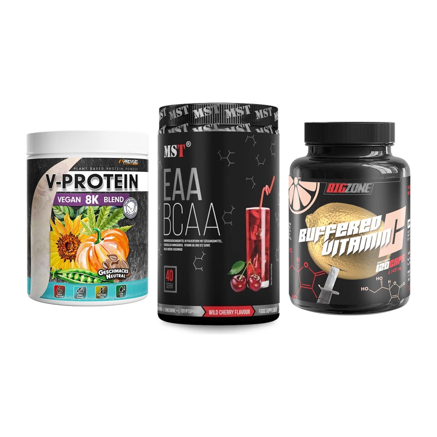 Pflanzliches Set: ProFuel V-Prote + MST EAA & BCAA + Big Zone – alle enthaltenen Artikel