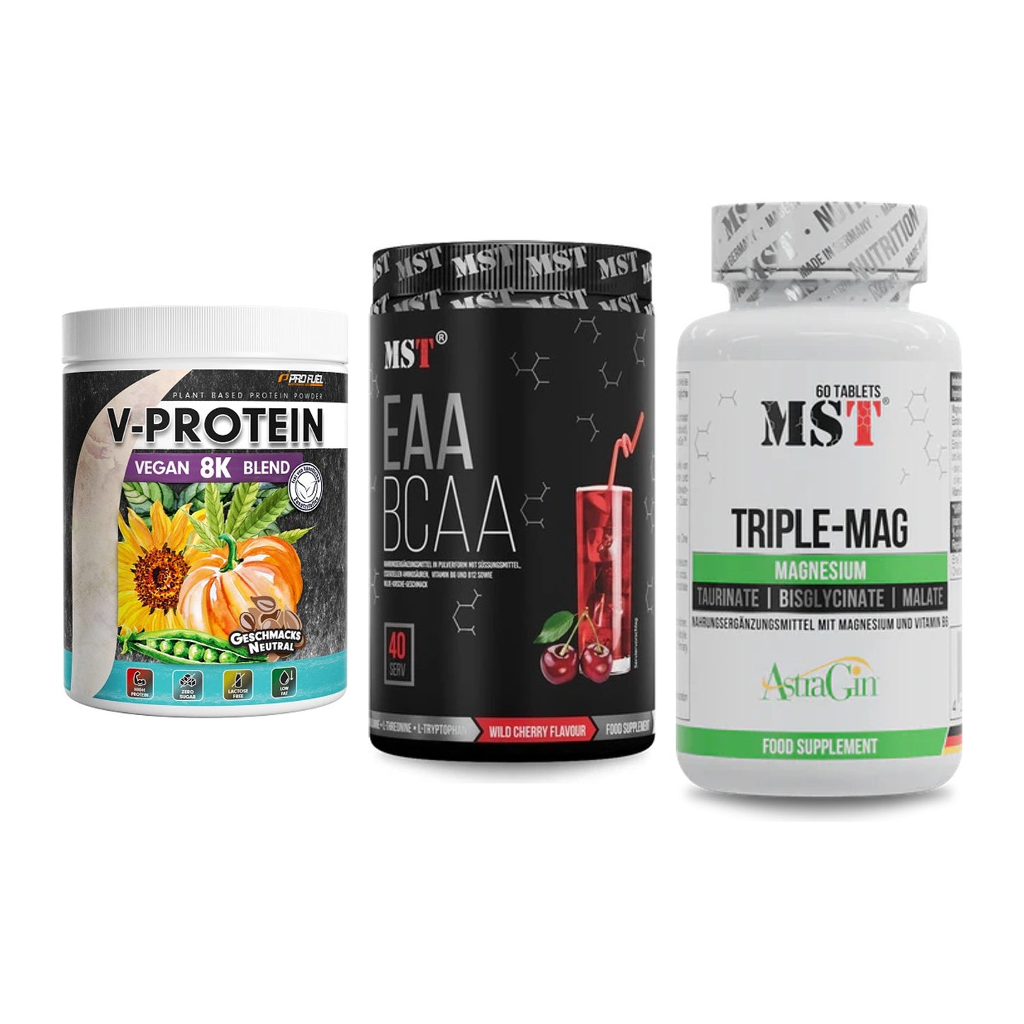 Pflanzliches Set: ProFuel V-Prote + MST EAA & BCAA + MST Tripple Mag – alle enthaltenen Artikel