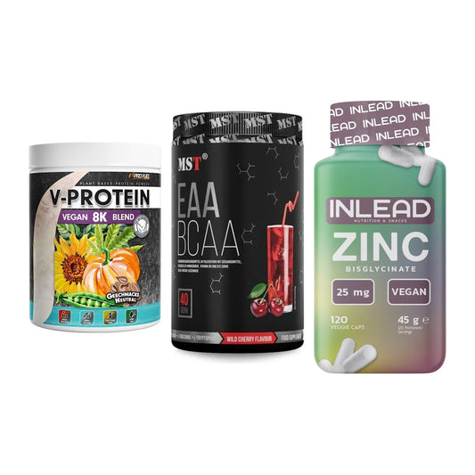 Pflanzliches Set: ProFuel V-Prote + MST EAA & BCAA + INLEAD Zink – alle enthaltenen Artikel