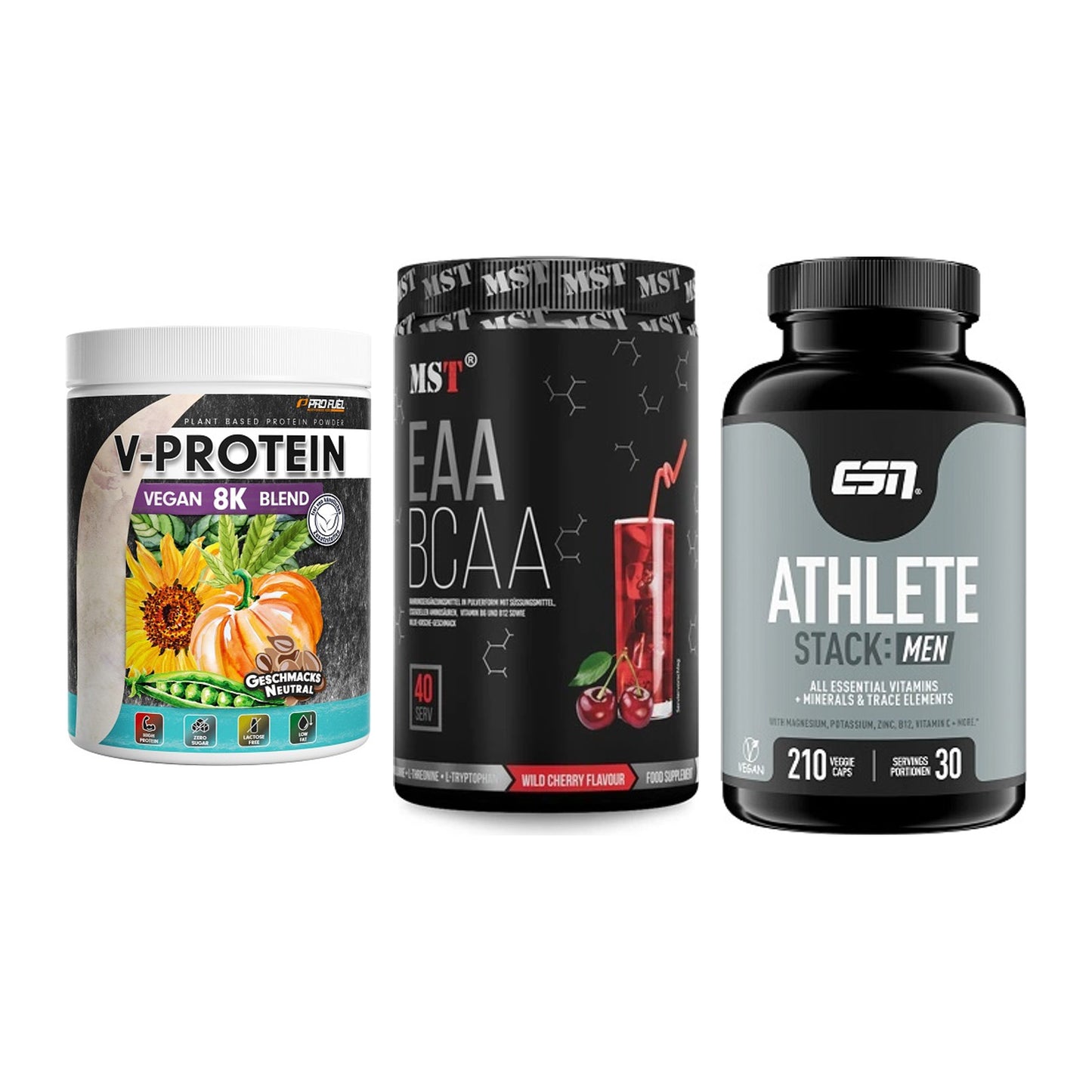 Pflanzliches Set: ProFuel V-Prote + MST EAA & BCAA + ESN Athlete – alle enthaltenen Artikel