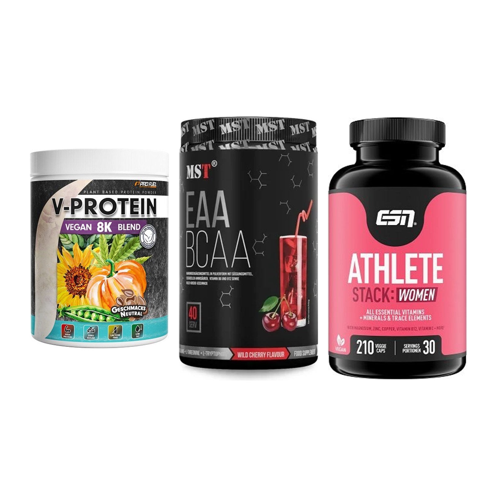 Pflanzliches Set: ProFuel V-Prote + MST EAA & BCAA + ESN Athlete – alle enthaltenen Artikel
