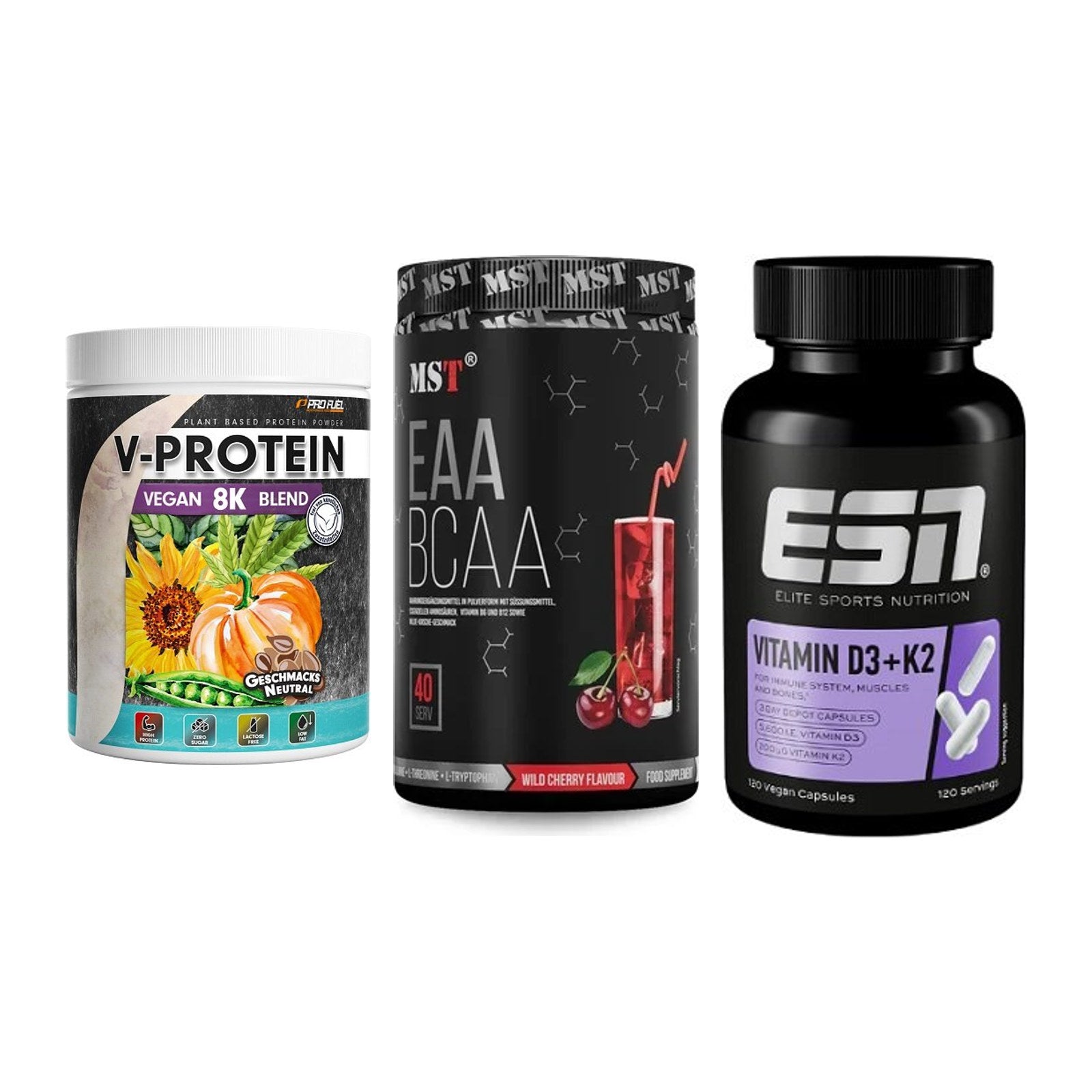 Pflanzliches Set: ProFuel V-Prote + MST EAA & BCAA + ESN Vitamin D3 – alle enthaltenen Artikel