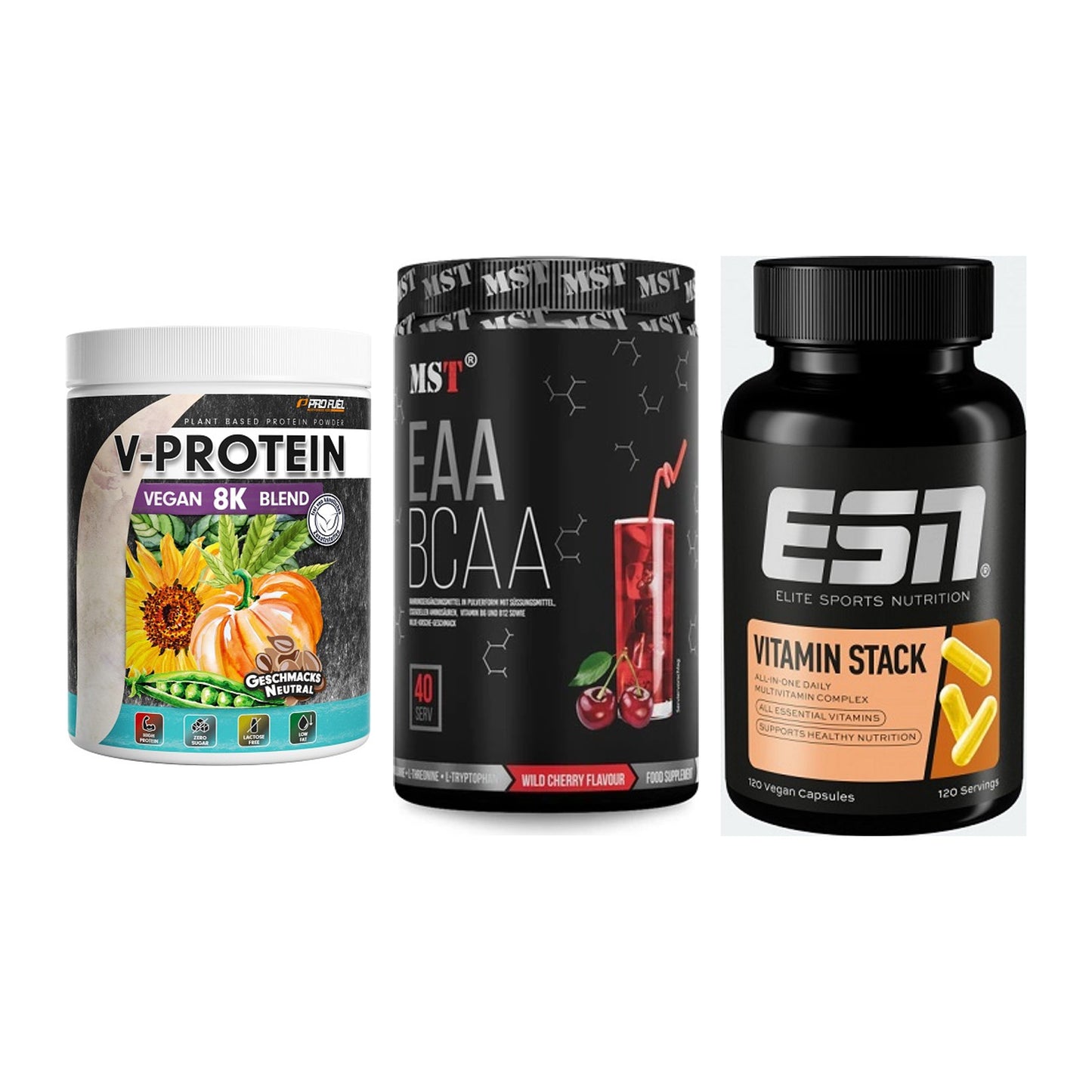 Pflanzliches Set: ProFuel V-Prote + MST EAA & BCAA + ESN Vitamin – alle enthaltenen Artikel