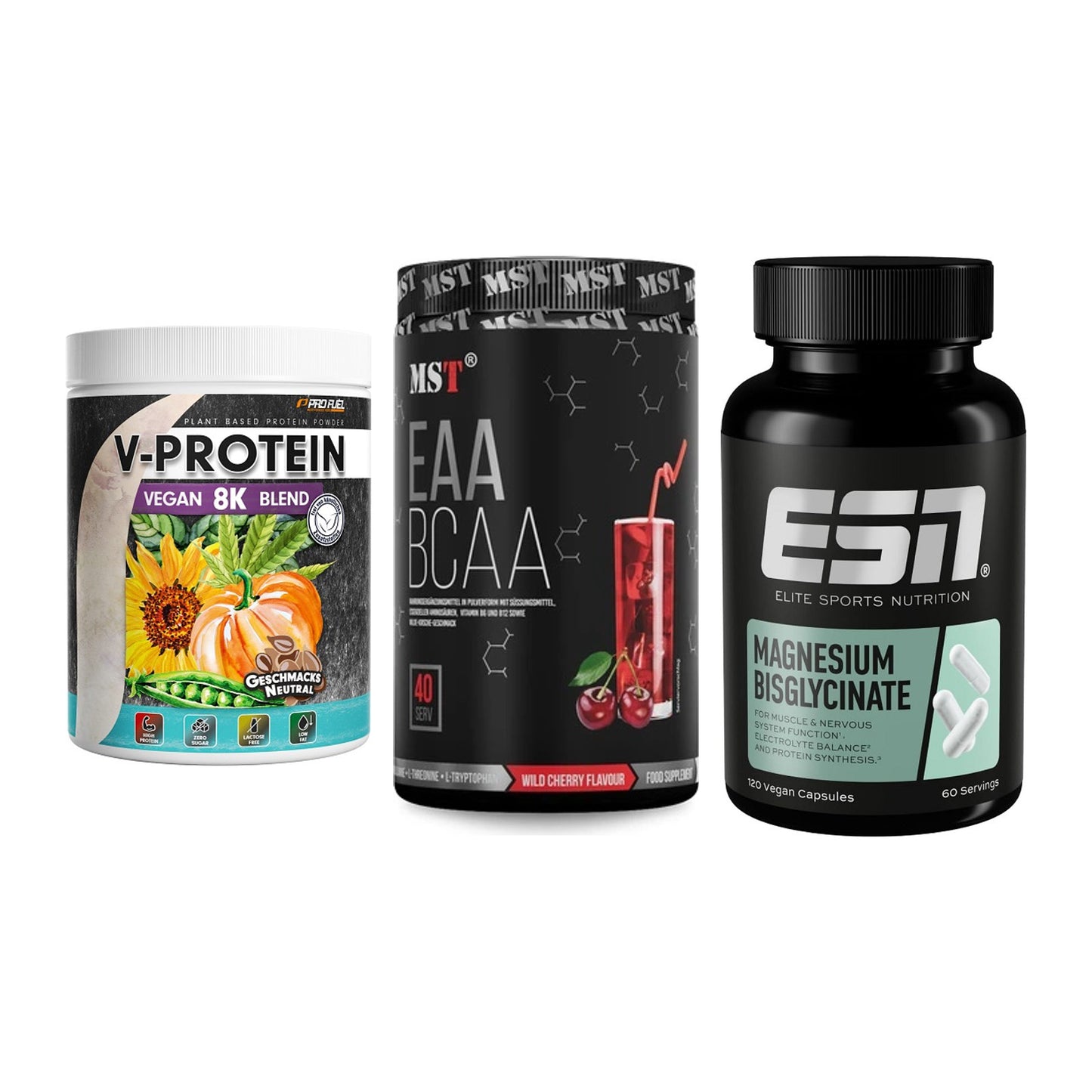 Pflanzliches Set: ProFuel V-Prote + MST EAA & BCAA + ESN Magnesium – alle enthaltenen Artikel
