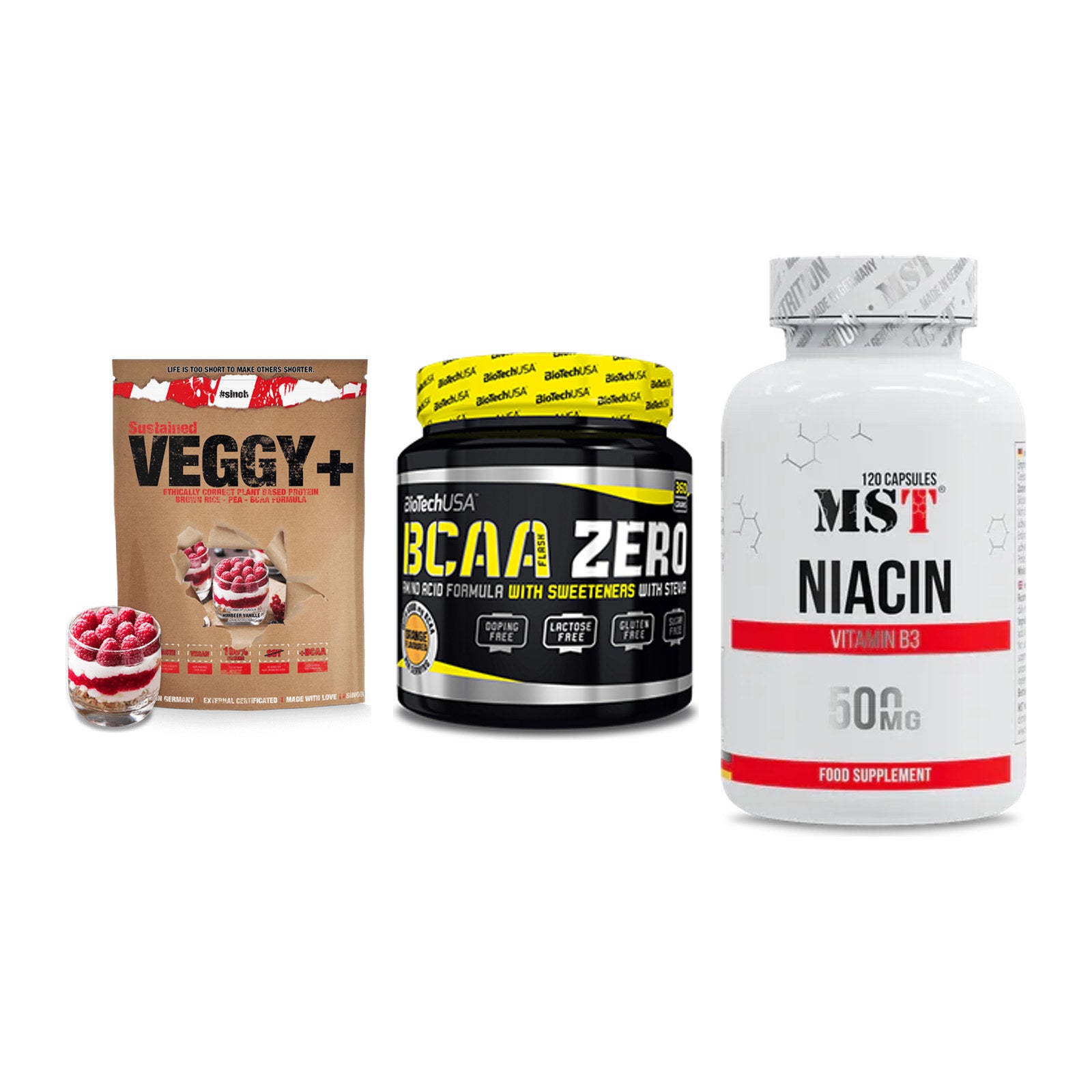 Pflanzliches Set: Sinob VEGGY + BioTech BCAA + MST Niacin – alle enthaltenen Artikel