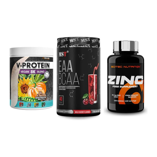 Pflanzliches Set: ProFuel V-Prote + MST EAA & BCAA + Scitec Zinc – alle enthaltenen Artikel