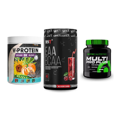 Pflanzliches Set: ProFuel V-Prote + MST EAA & BCAA + Scitec Multi – alle enthaltenen Artikel