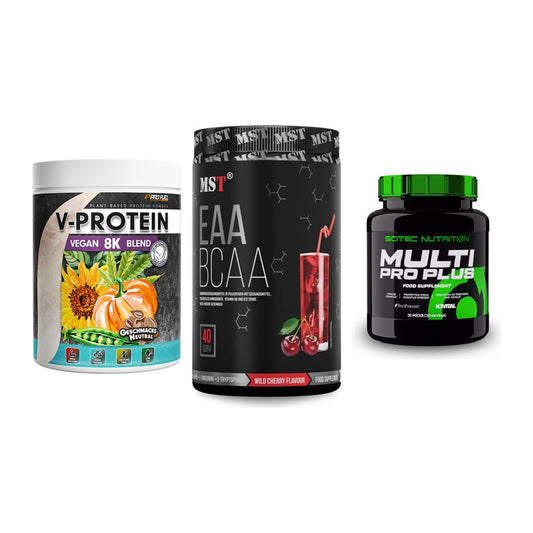 Pflanzliches Set: ProFuel V-Prote + MST EAA & BCAA + Scitec Multi – alle enthaltenen Artikel
