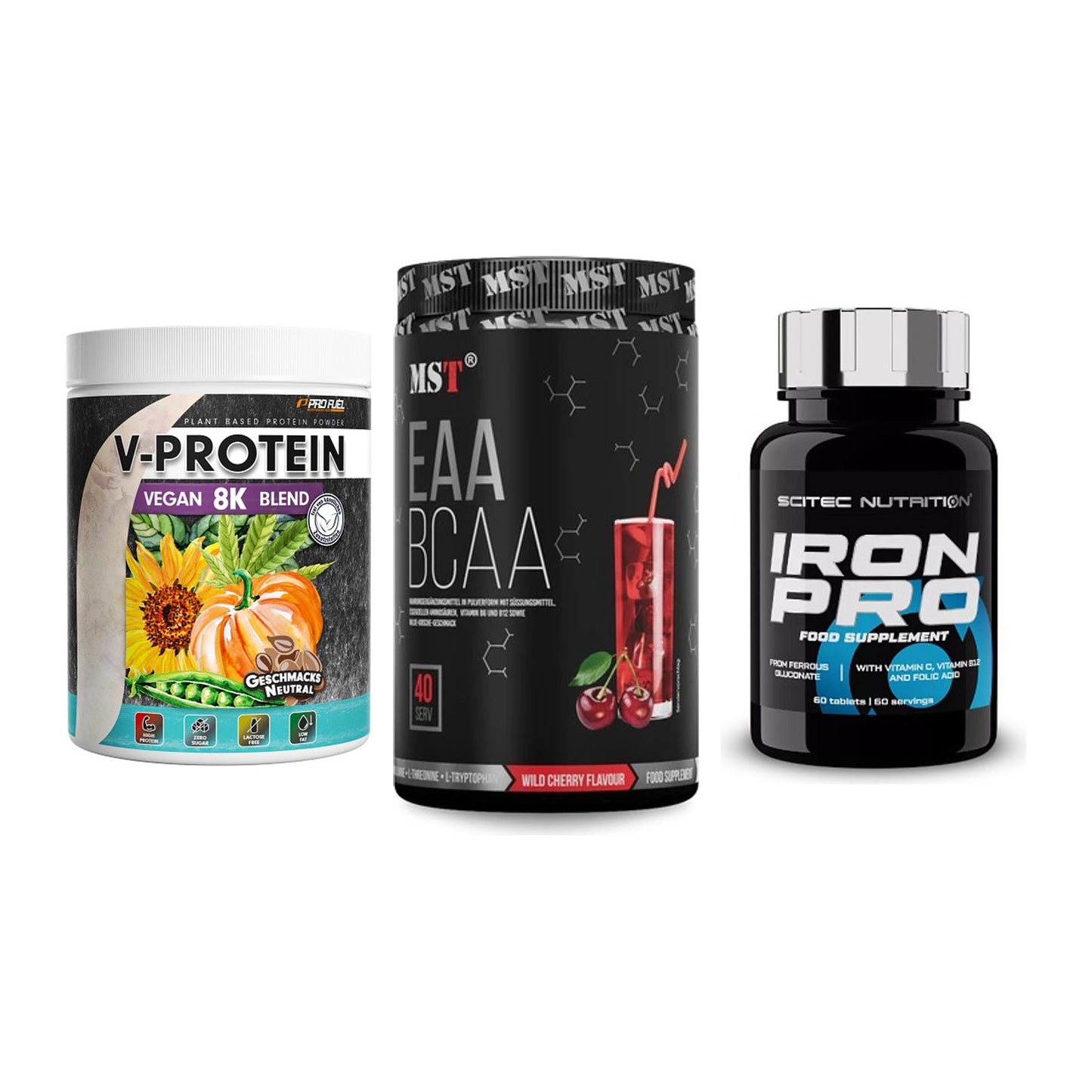 Pflanzliches Set: ProFuel V-Prote + MST EAA & BCAA + Scitec Iron Pro – alle enthaltenen Artikel