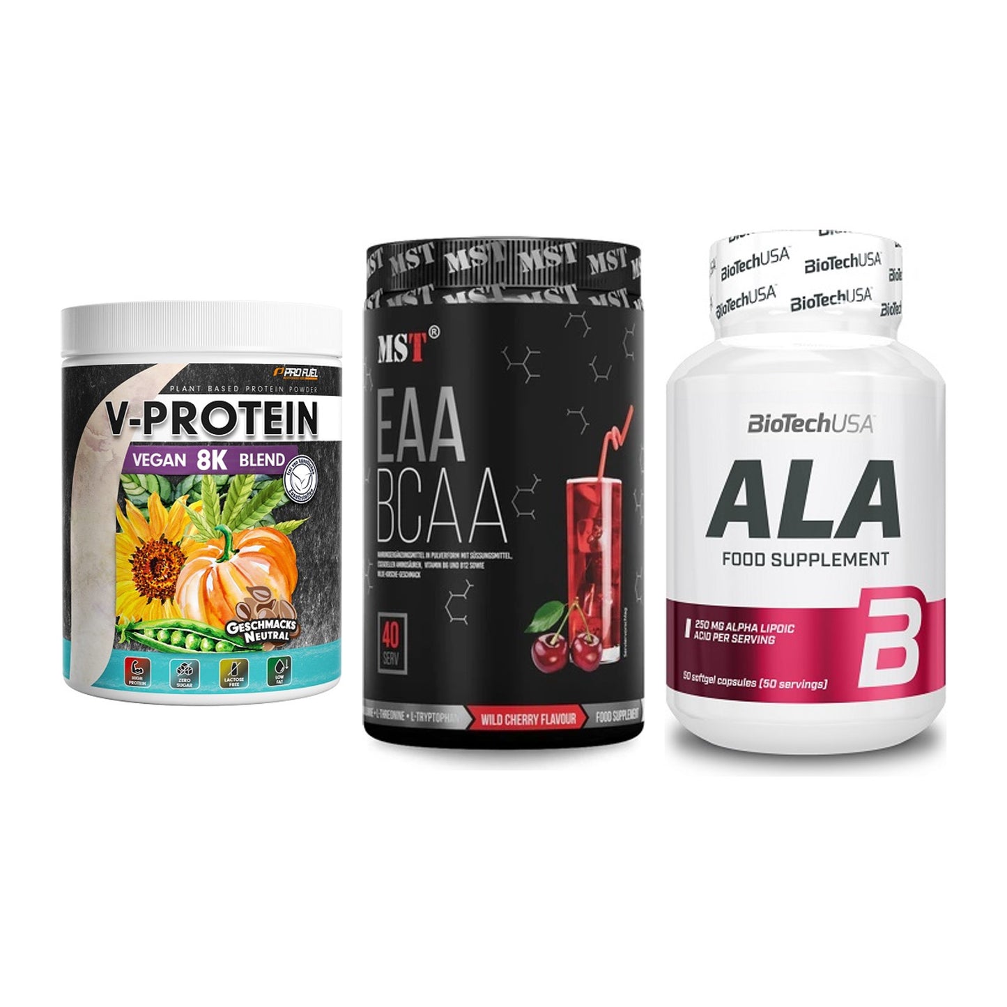 Pflanzliches Set: ProFuel V-Prote + MST EAA & BCAA + BioTech ALA – alle enthaltenen Artikel