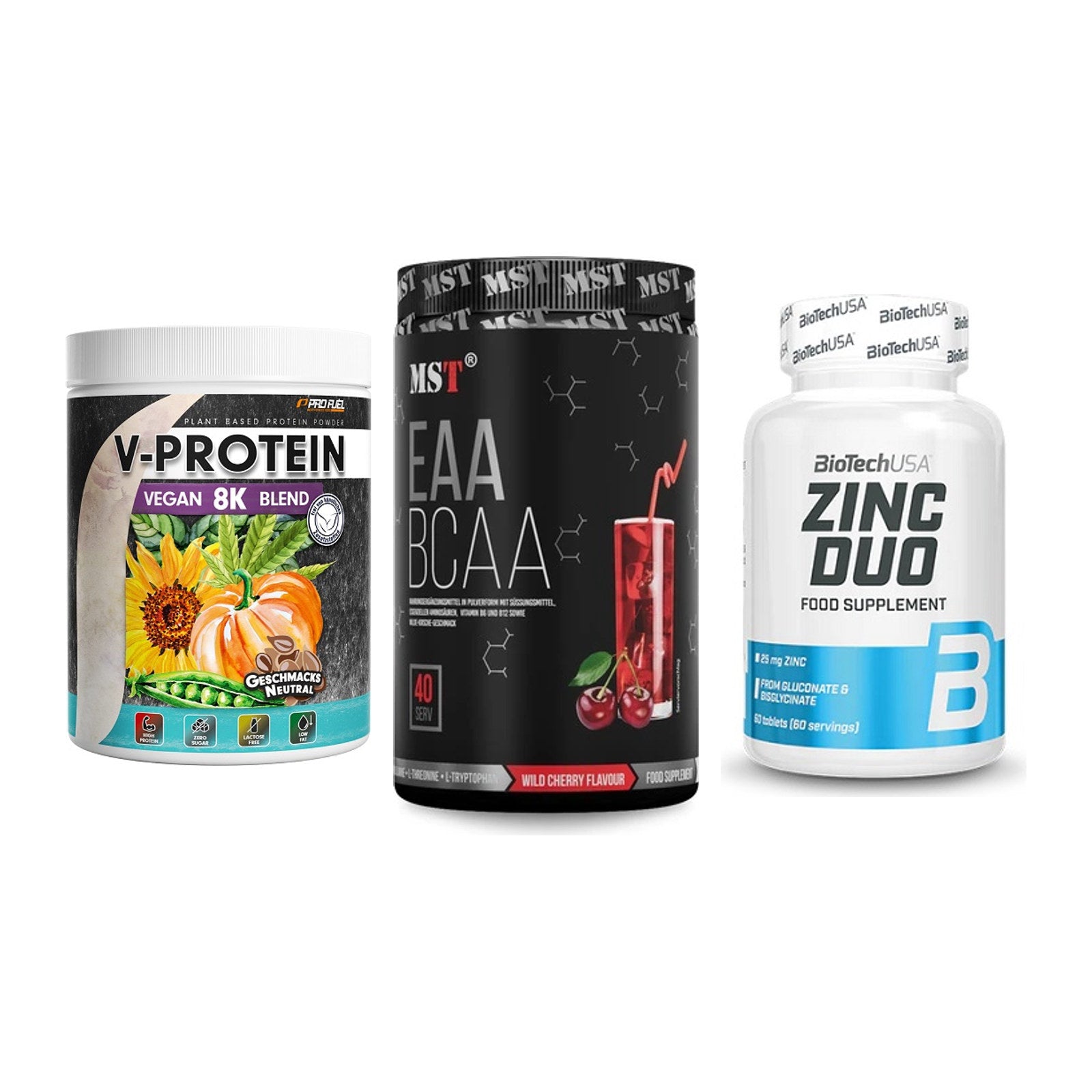 Pflanzliches Set: ProFuel V-Prote + MST EAA & BCAA + BioTech Zinc – alle enthaltenen Artikel