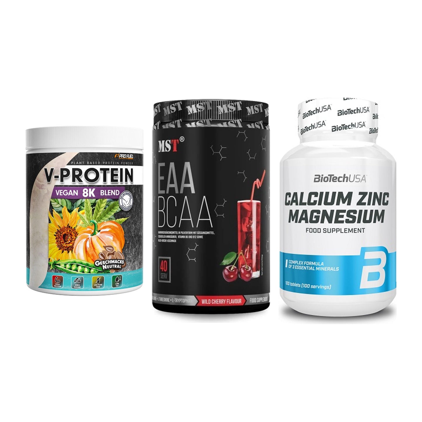 Pflanzliches Set: ProFuel V-Prote + MST EAA & BCAA + BioTech Calcium – alle enthaltenen Artikel